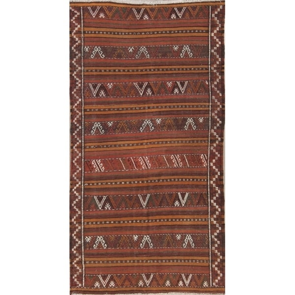 Kilim Shiraz Geometric Hand-Woven Wool Persian Oriental Rug - 9'8" x 5'1" Runner