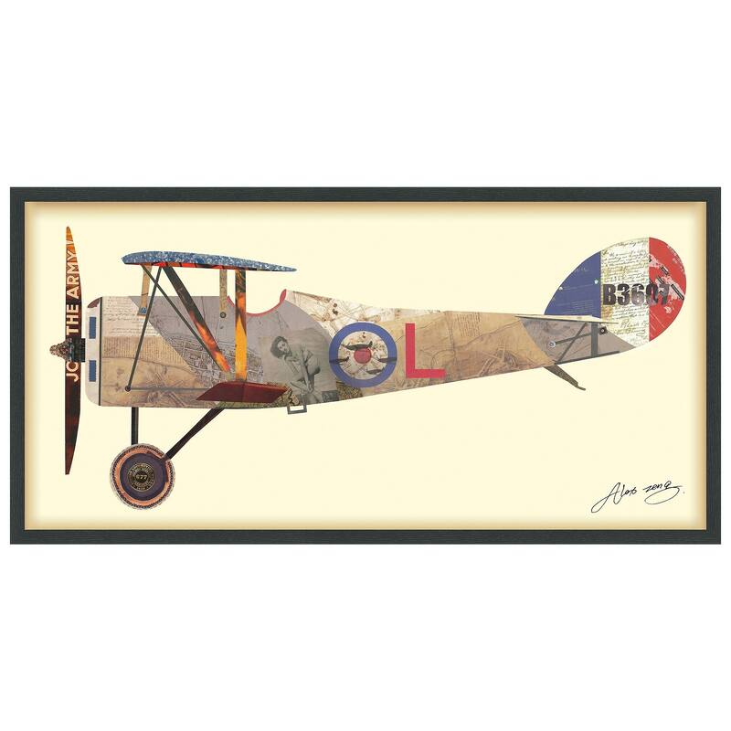 "Antique Biplane #1" Alex Zeng's dimensional collage, under glass & a black shadow box frame