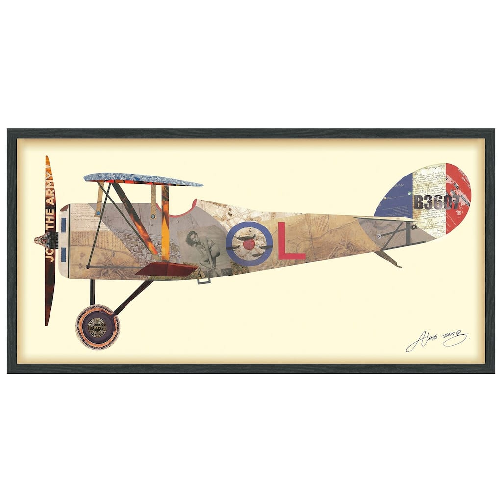 "Antique Biplane #1" Alex Zeng's dimensional collage, under glass & a black shadow box frame