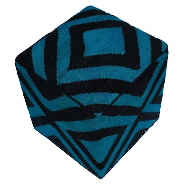 slide 1 of 6, Schneide Black/Teal Handmade Kilim Upholstered Ottoman 16"x16"x20"