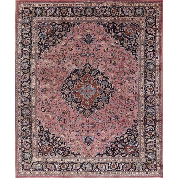 Antique Mashad Medallion Traditional Hand Made Wool Persian Area Rug - 12'10" x 9'9"