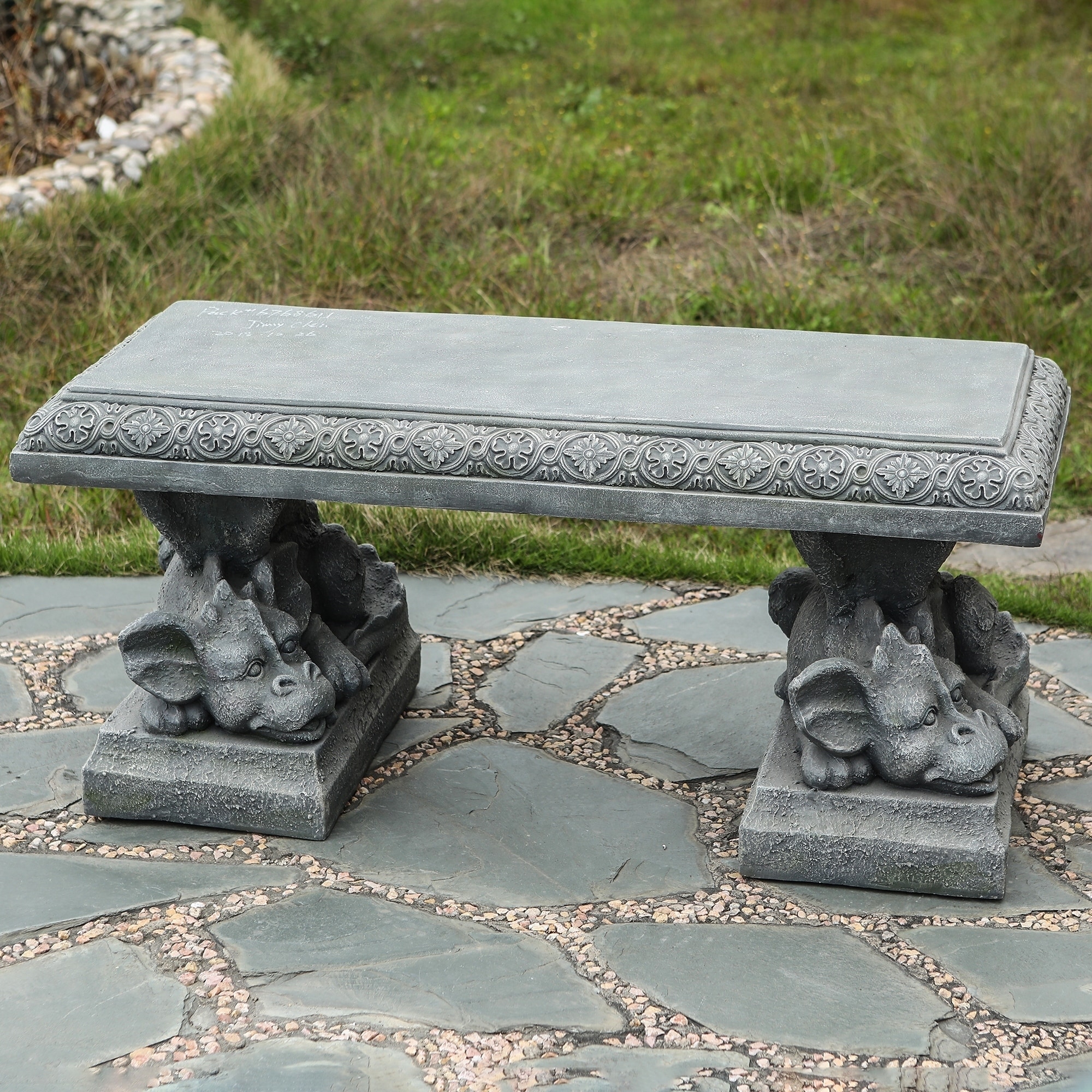 39in Dragon Decorative Cement Garden Bench In Stone Finish Grey