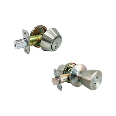 Faultless Tulip Satin Stainless Steel Metal Entry Knob and Single Cylinder Deadbolt 3 Grade Right Handed