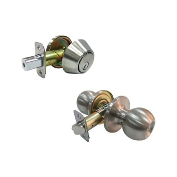 Faultless Ball Satin Stainless Steel Entry Knob and Single Cylinder Deadbolt Right Handed