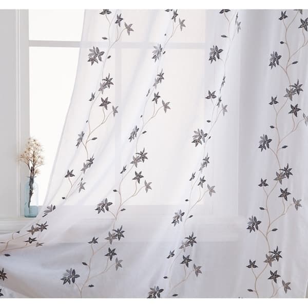Emma Floral Embroidered Semi Sheer Voile Window Curtain Drapery Grommet Top Panels For Bedroom Living Room Set Of 2 Overstock 27795971