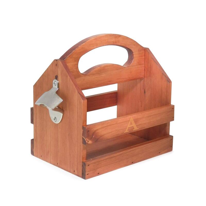 Single Initial Solid Wood Bottle Caddy w/Opener