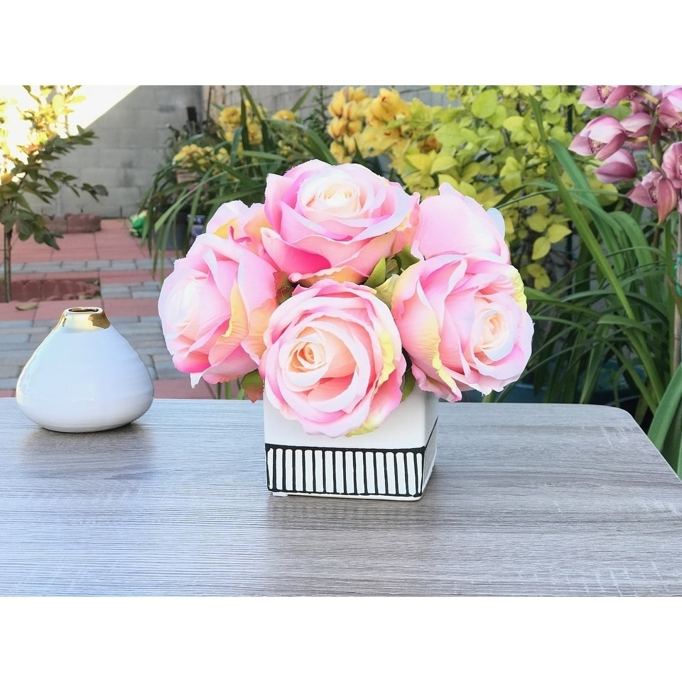 Enova Home Pink Artificial Open Rose Flower Arrangements With White Square Ceramic Vase Today