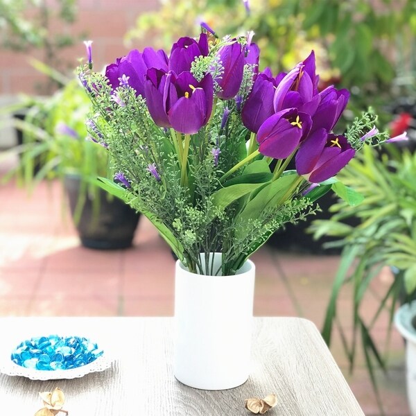 Enova Home Purple Tulip and Mixed Faux Flower Arrangements With White Ceramic Vase