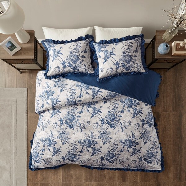 Madison Park Adoette Navy Cotton Printed Ruffle Duvet Cover Set