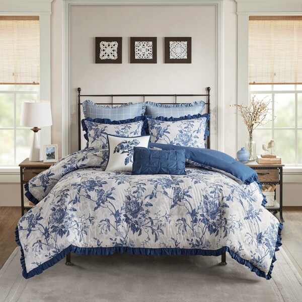 Madison Park Adoette Navy 7 Piece Cotton Printed Ruffle Comforter