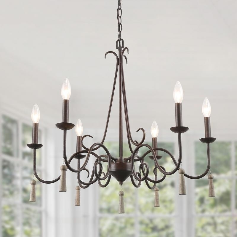 6-Light Rustic French Farmhouse Chandelier with wood pendants (Pendant Lighting/Island Lighting/Chandeliers - Iron/Metal/Wood - Rustic/Farmhouse) - Chandeliers For Bedrooms by Overstock.com