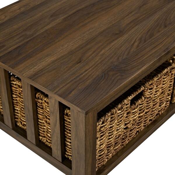 40" Wood Storage Coffee Table with Wicker Totes Dark Walnut Bed