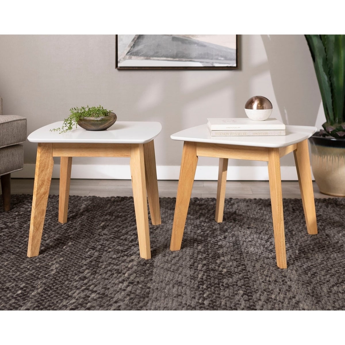 Shop Black Friday Deals On Retro Modern Solid Wood Legs And Painted Mdf Top End Table Set Of 2 White Natural Overstock 27799798