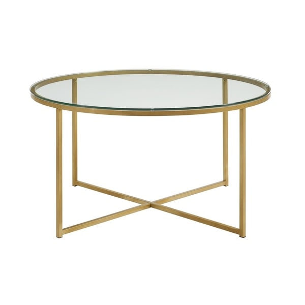 Shop 36" Round Glass Coffee Table with Metal X-Base - Gold - Overstock