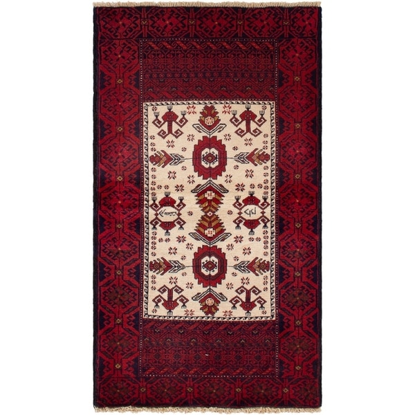 eCarpetGallery Hand-knotted Finest Baluch Cream, Red Wool Rug - 2'10 x 5'3