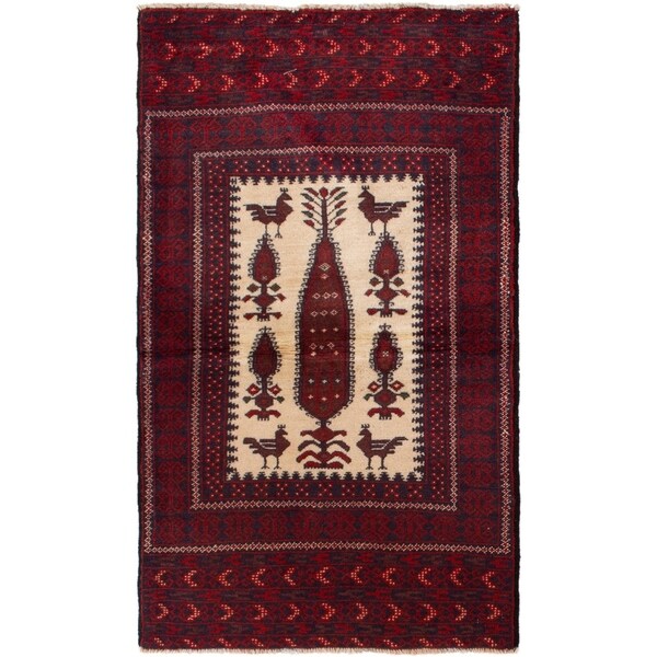 eCarpetGallery Hand-knotted Finest Baluch Ivory, Red Wool Rug - 2'9 x 4'9