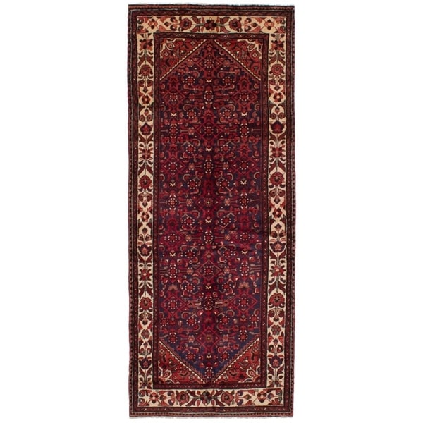 eCarpetGallery Hand-knotted Hosseinabad Dark Navy, Red Wool Rug - 3'11 x 9'11