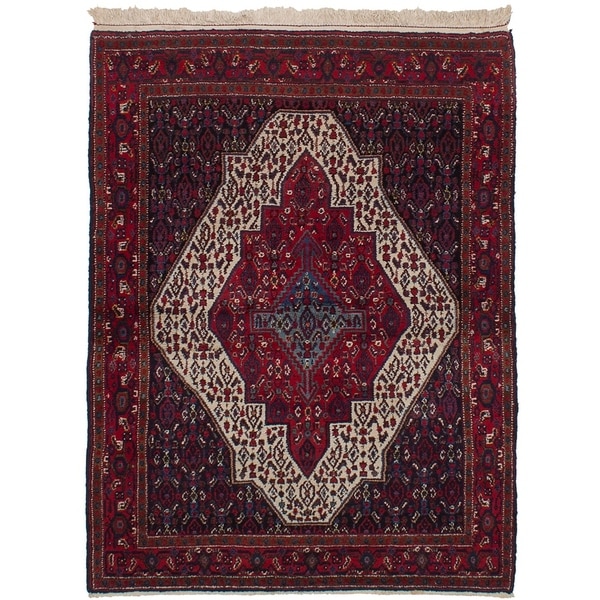 eCarpetGallery Hand-knotted Senneh Cream, Red Wool Rug - 4'1 x 5'5