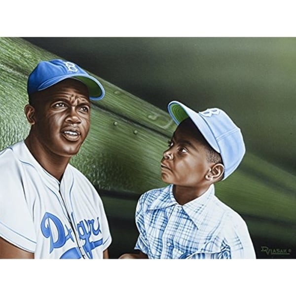 CANVAS Jackie Robinson Chatting with Young Fan in the Dugout by Darryl Vlasak Oil Painting Print on Wrapped Canvas - 24 x 32. Opens flyout.