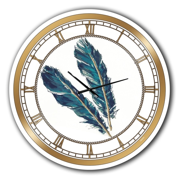 Designart 'Gold Indigo Feathers III' Glam Large Wall CLock