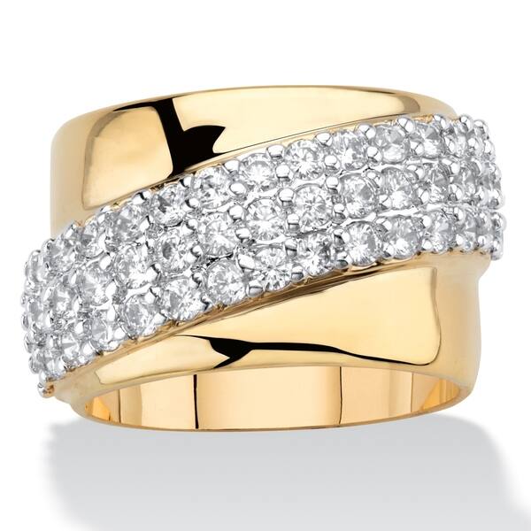 slide 1 of 2, Yellow Gold-Plated Cubic Zirconia Diagonal Wide Band Ring