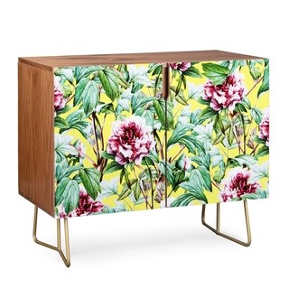 Deny Designs  Yellow Flora Credenza (Birch or Walnut, 2 Leg Options) (Gold Legs - Walnut Finish - Veneer/Wood)