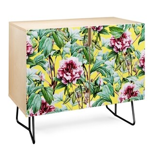 Deny Designs  Yellow Flora Credenza (Birch or Walnut, 2 Leg Options) (Black Legs - Wood Finish - Wood/Birch)