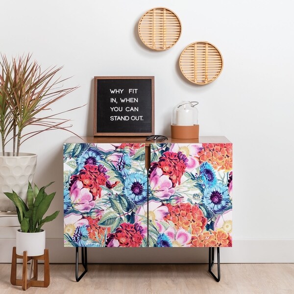 Deny Designs Neon Bloom Credenza (Birch or Walnut, 2 Leg Options)