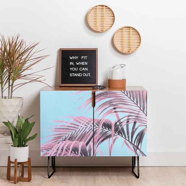 Deny Designs Delicate Pink Palms Credenza (Birch or Walnut, 2 Leg Options)
