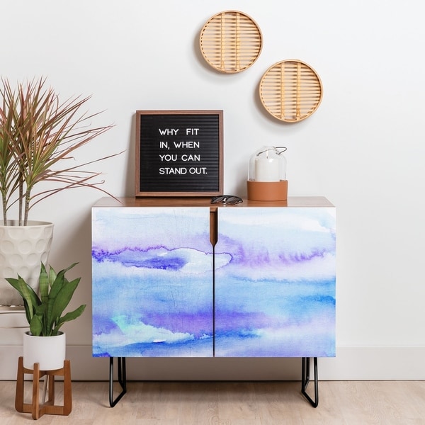 Deny Designs Blue Watercolor Credenza (Birch or Walnut, 2 Leg Options)