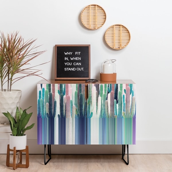 Deny Designs Cacti Stripe Pastel Credenza (Birch or Walnut, 2 Leg Options)