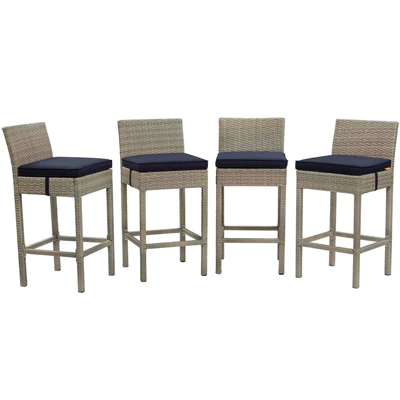 Conduit Bar Stool Outdoor Patio Wicker Rattan Set of 4 - Light Gray Navy