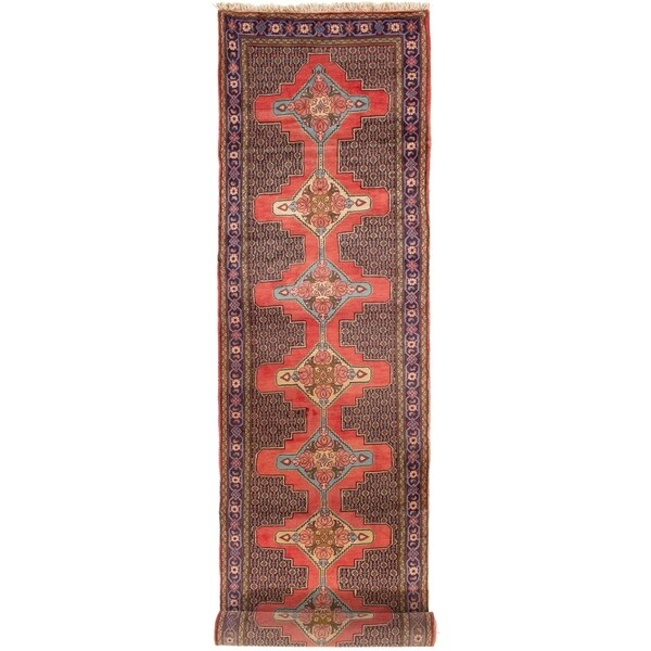 ECARPETGALLERY Hand-knotted Senneh Dark Navy, Red Wool Rug - 3'1 x 13'1