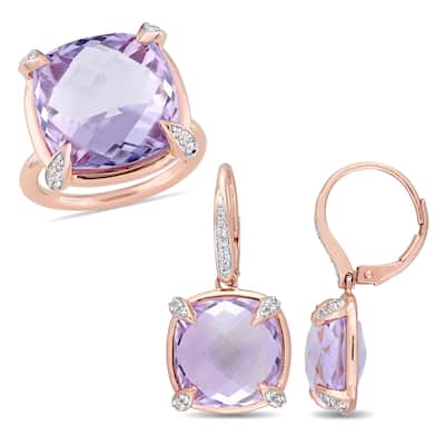 Miadora 14k Rose Gold Cushion-Cut Rose de France White Sapphire and Diamond Jewelry Set