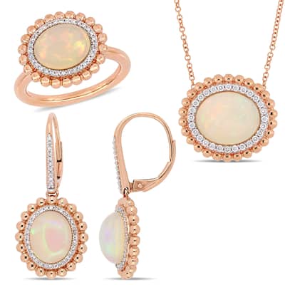 Miadora 14k Rose Gold Ethiopian Opal and 5/8ct TDW Diamond Beaded Halo Jewelry Set