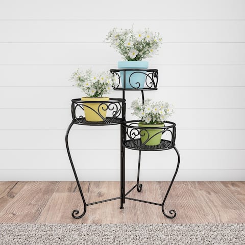 Plant Stand- 3-Tier Folding Wrought Iron Inspired Metal Home and Garden Display with Laser Cut Shelves by Pure Garden