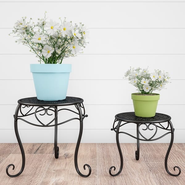 slide 2 of 15, Plant Stands- Set of 2 Nesting Wrought Iron Inspired Metal Round Decorative Potted Plant Display by Pure Garden - Set of 2 Matte Black