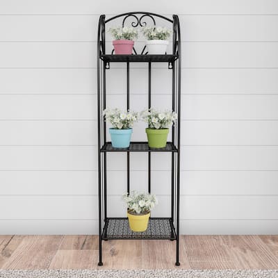Plant Stand- 3-Tier Vertical Shelf Folding Wrought Iron Metal Home and Garden Display with Staggered Shelves by Pure Garden