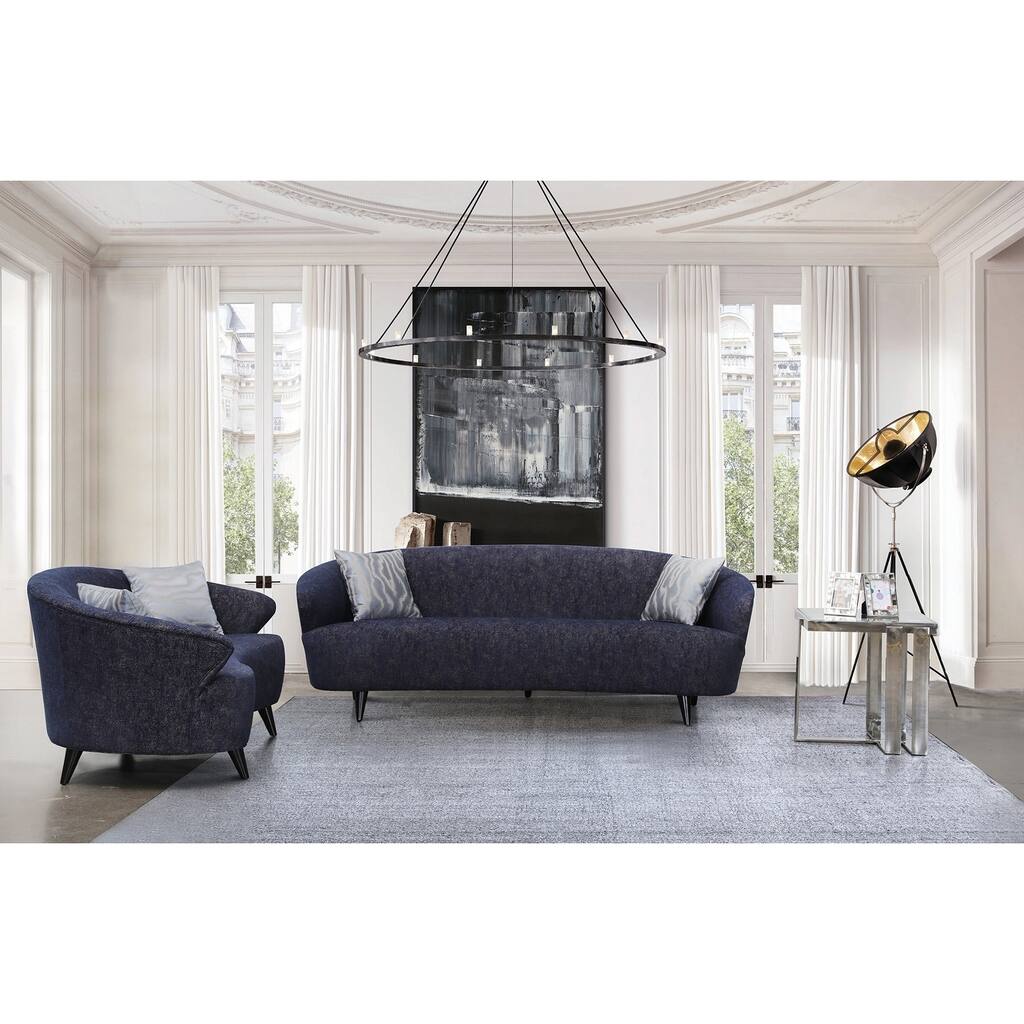 Curved Dark Blue Linen Sofa