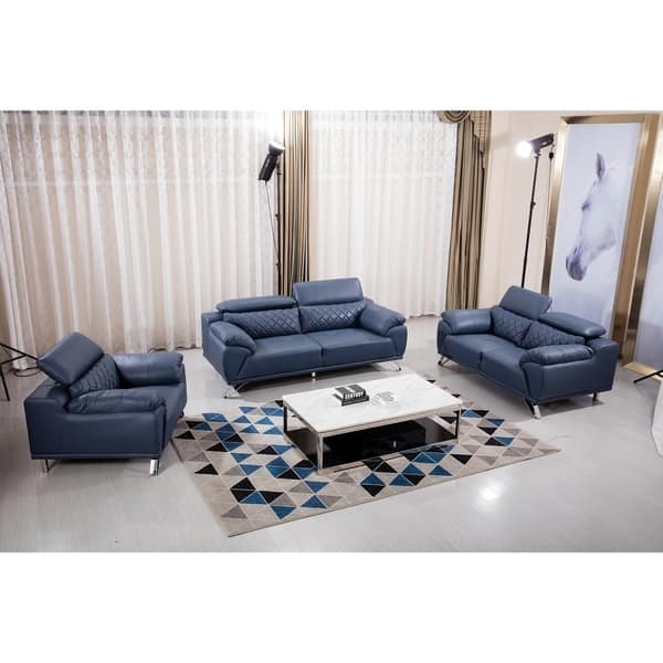Adjule Headrese Navy Blue Top Grain Leather Sofa Navy Blue Top Grain Leather Sofa