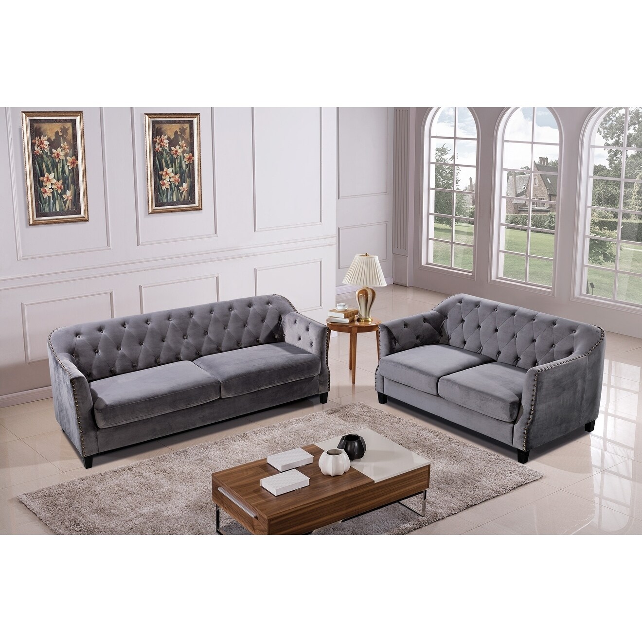 Grey Velvet Tufted Modern Sofa