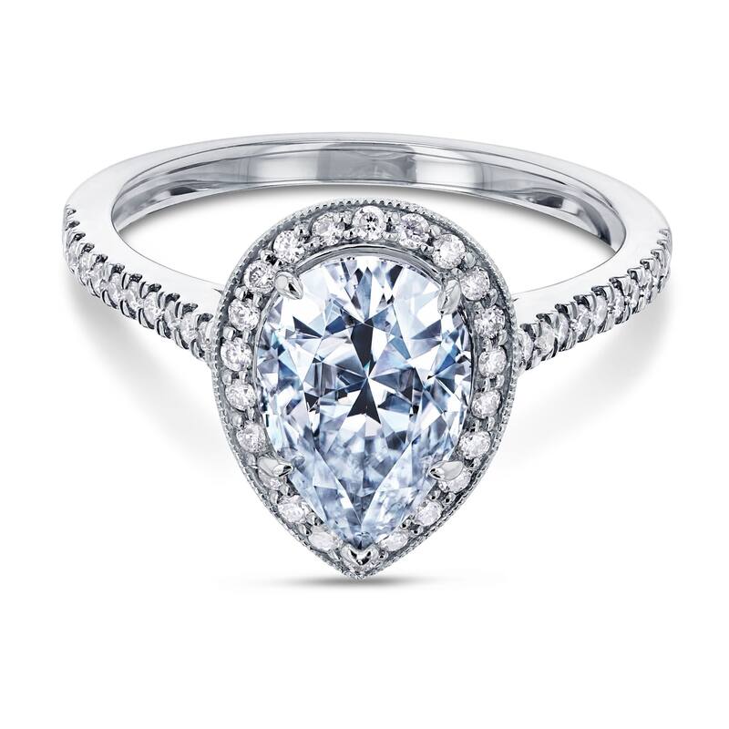 Annello by Kobelli 14k Gold 2 1/2ct TGW Pear Shape Forever One Moissanite and Diamond Halo Ring