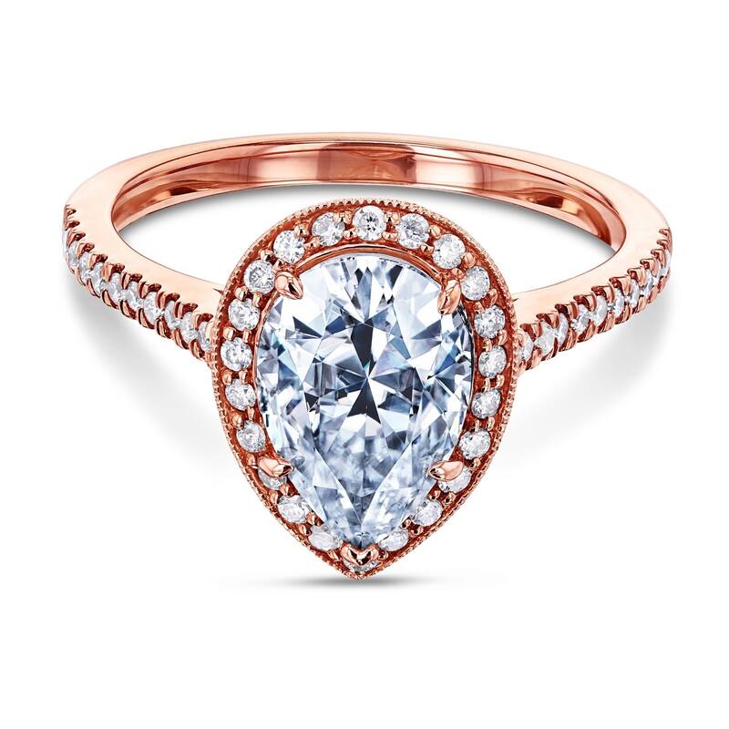 Annello by Kobelli 14k Gold 2 1/2ct TGW Pear Shape Forever One Moissanite and Diamond Halo Ring