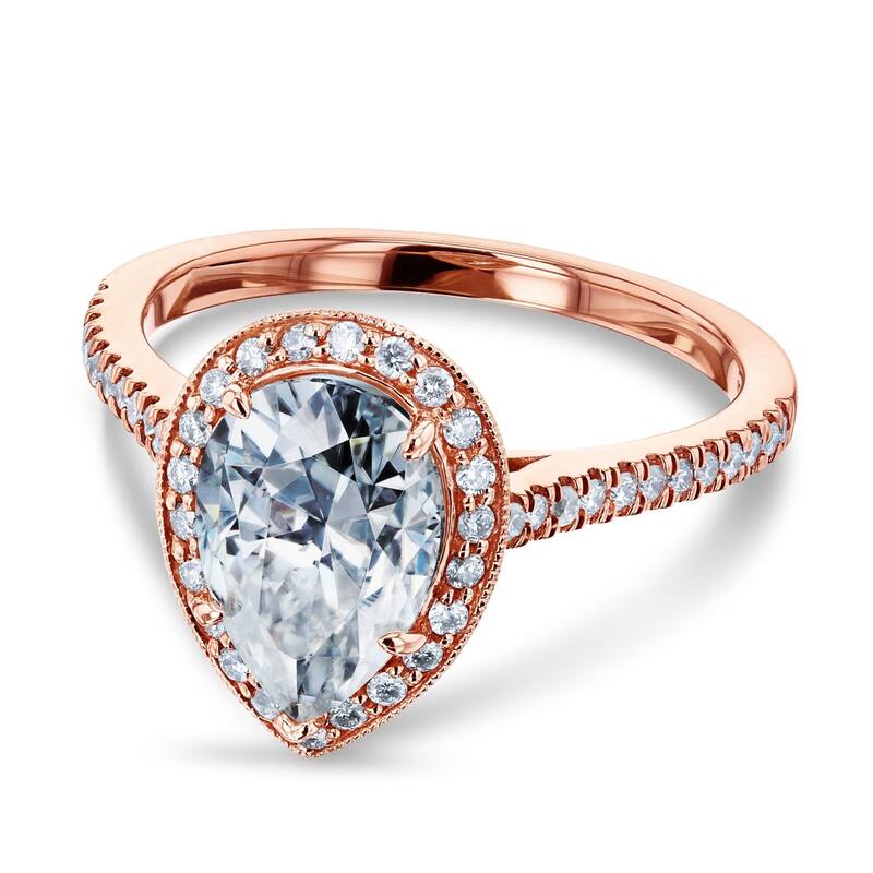 Annello by Kobelli 14k Gold 2 1/2ct TGW Pear Shape Forever One Moissanite and Diamond Halo Ring