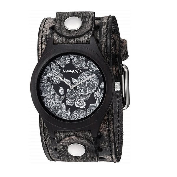 slide 1 of 1, Nemesis 'Jayden' Dark Sugar skull Wood case watch with vintage leather cuff band N/A