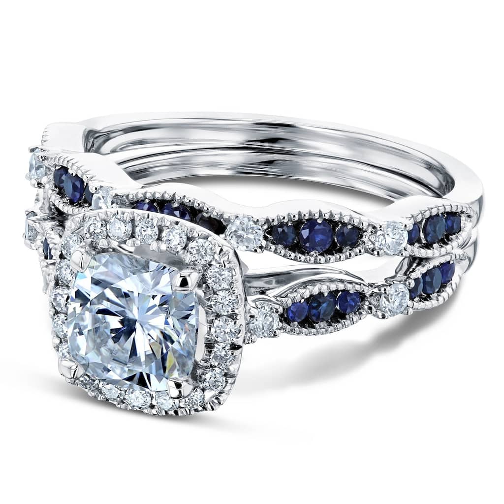 Kobelli 1.65 Carats Moissanite, Diamond & Sapphire Solid 14k Gold Cushion Halo Cathedral Blue Scallop Bridal Rings Set