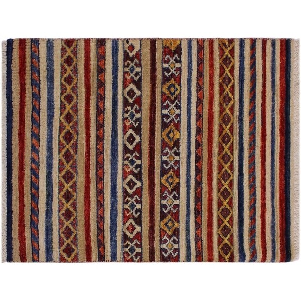 Khurgeen Steinber Tan/Blue Wool Rug -2'1 x 2'11 - 2'1" x 2'11"