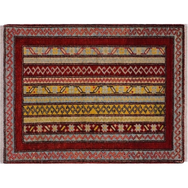 Khurgeen Steele Red/Gray Wool Rug -2'0 x 2'1 - 2'0" x 2'1"