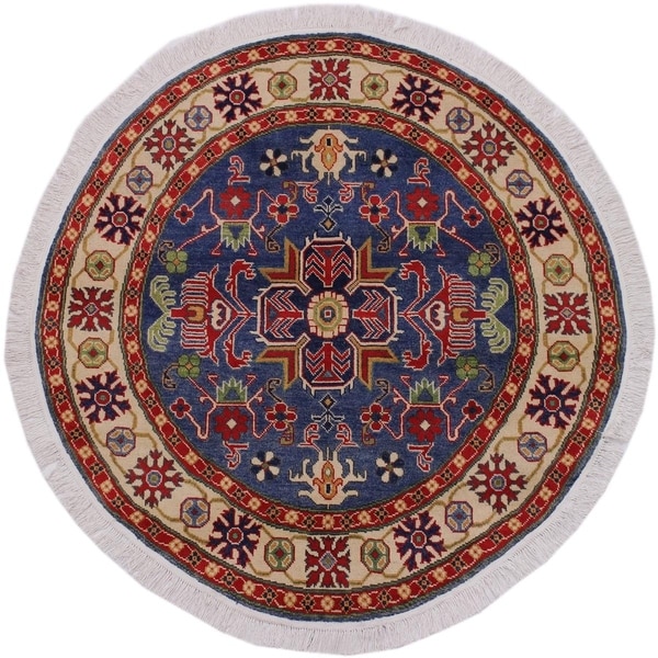 Kazak Spruill Blue/Ivory Wool Round -4'10 x 4'11 - 4'10" x 4'11"