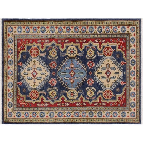 Kazak Storey Blue/Ivory Wool Rug -3'0 x 4'10 - 3'0" x 4'10"